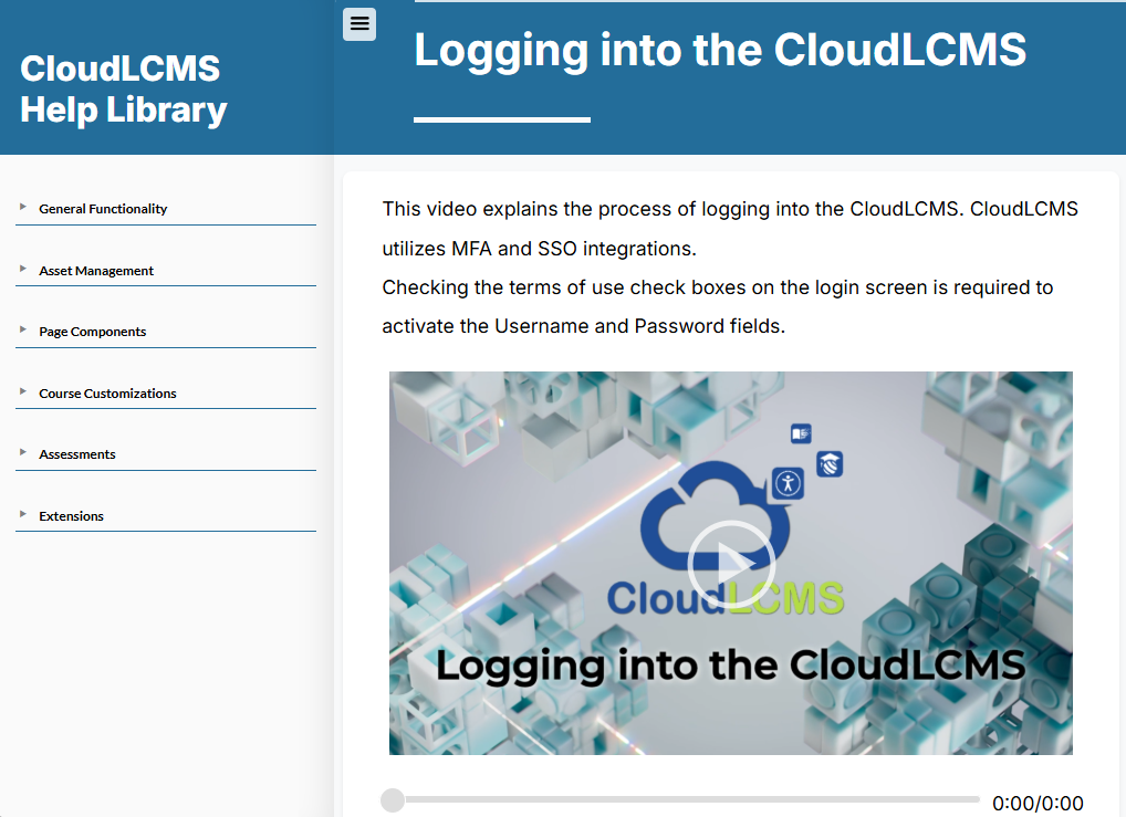 CloudLCMS Help Library page showing video tutorial titled ‘Logging into the CloudLCMS’ with navigation menu on the left.