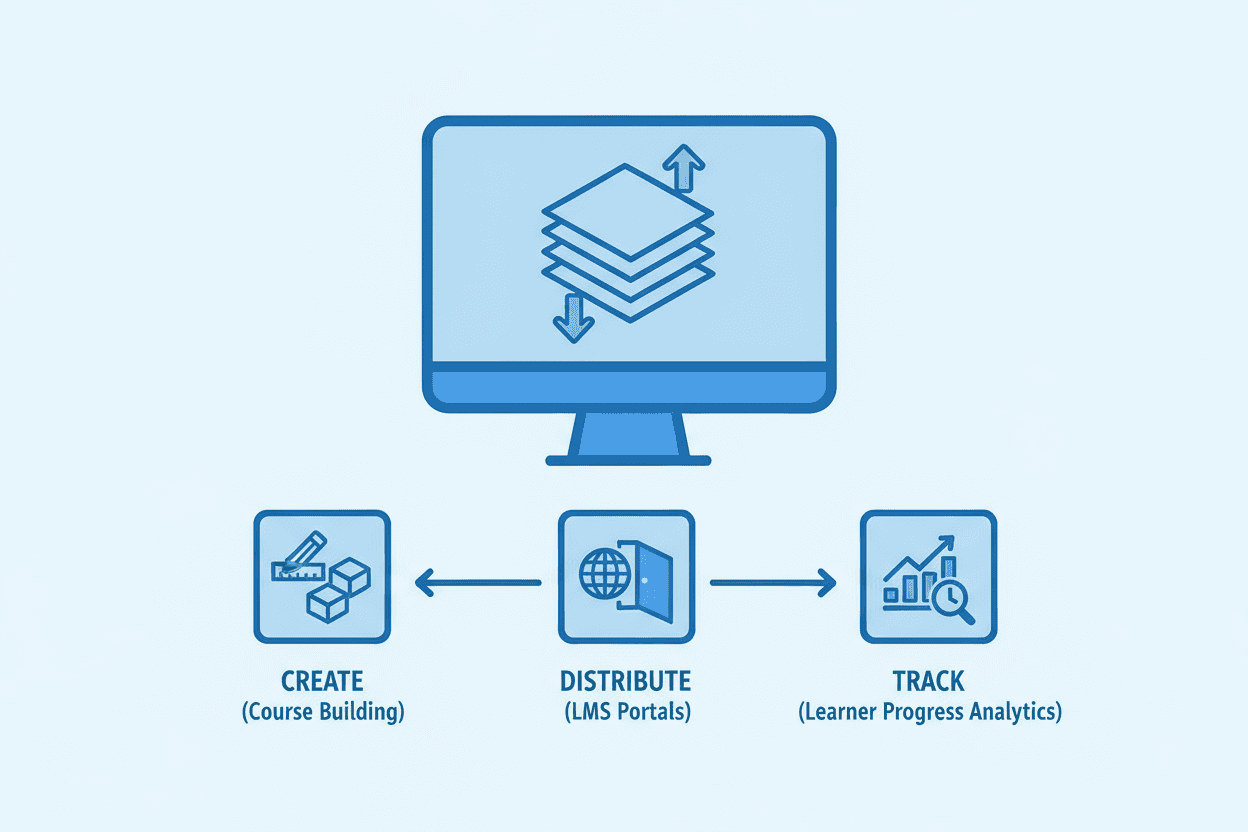 Diagram showing the course lifecycle: Create, Distribute, and Track learning progress.