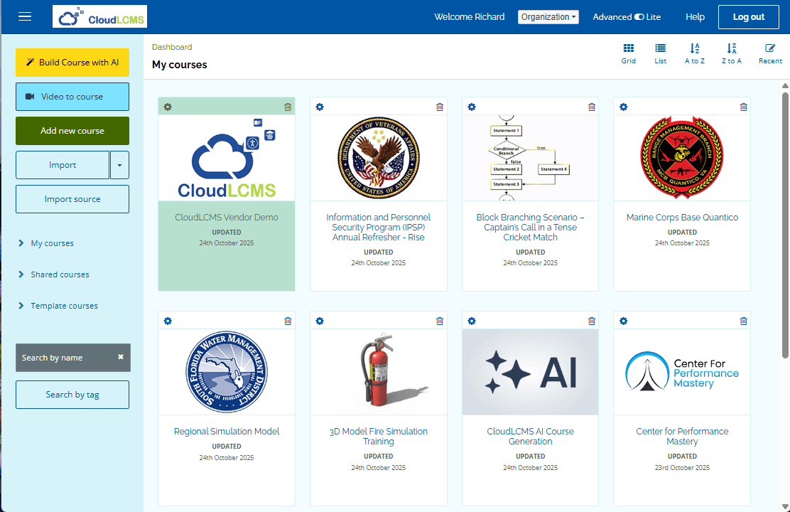 CloudLCMS dashboard showing a grid of training courses under ‘My courses.’