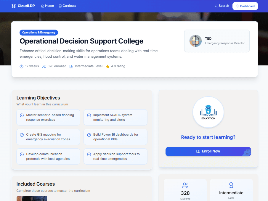 Operational Decision Support College course page on CloudLDP showing learning objectives, enrollment details, and an enroll button.