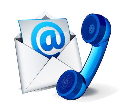 Email envelope with at symbol and blue telephone handset icon.