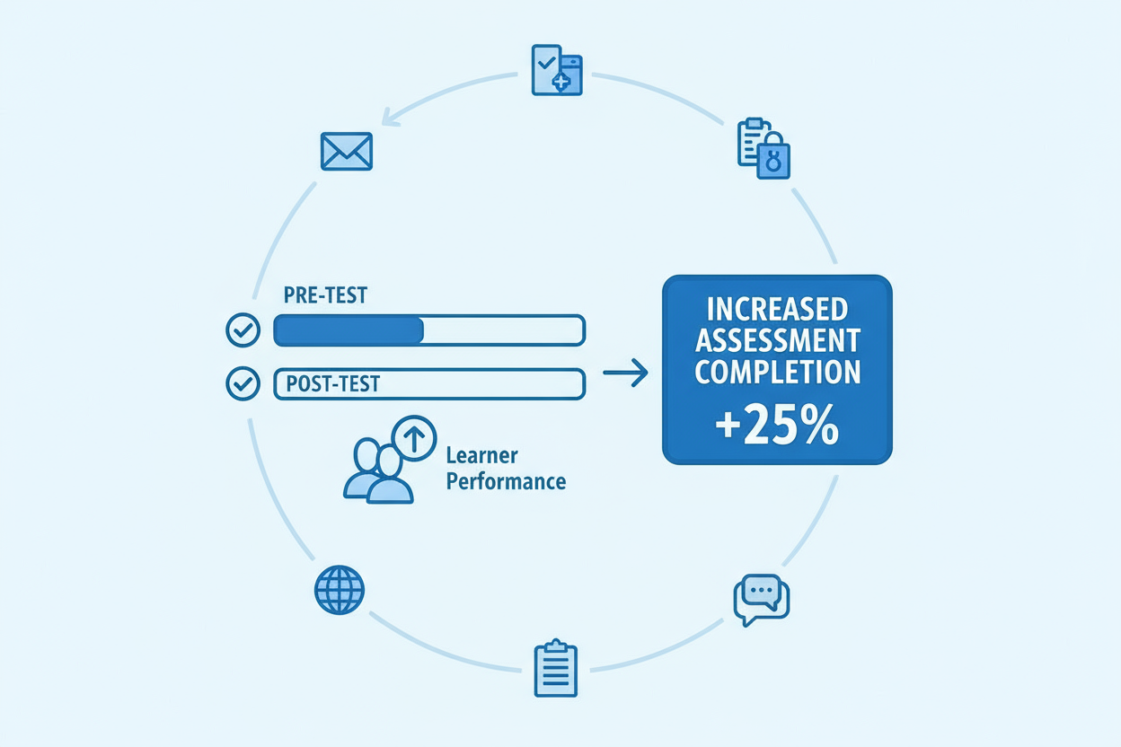 Diagram showing pre-test and post-test progress leading to 25% increased assessment completion and improved learner performance.