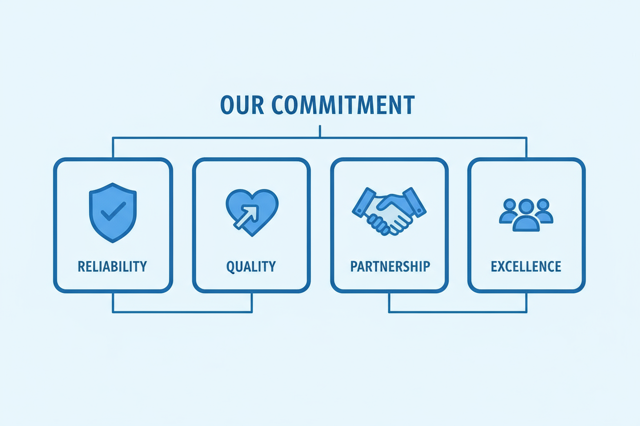 Infographic titled ‘Our Commitment’ showing four icons labeled reliability, quality, partnership, and excellence.