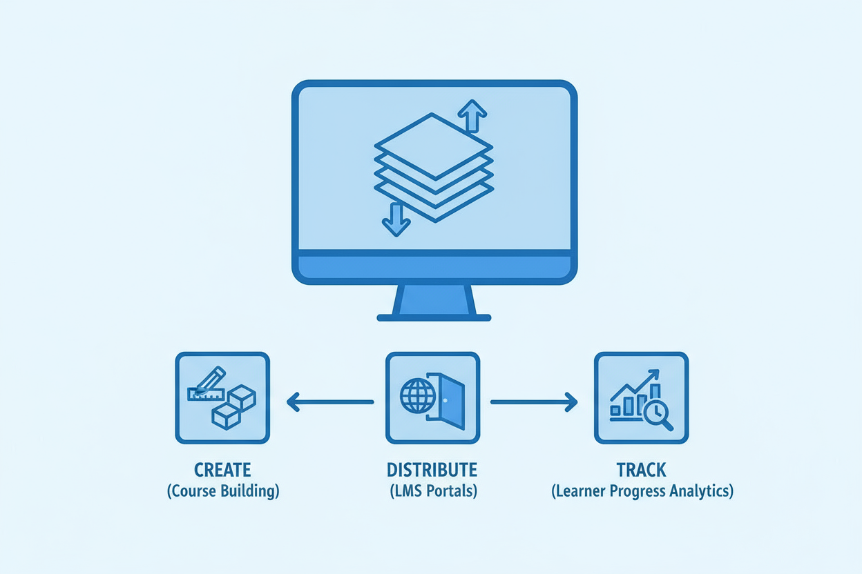 Diagram showing the course lifecycle: Create, Distribute, and Track learning progress.