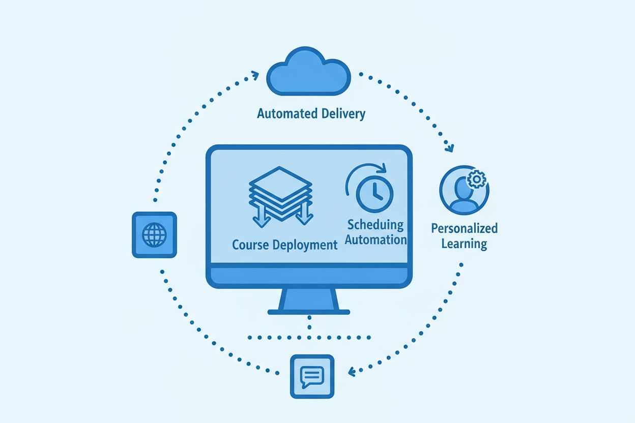 Diagram showing automated course delivery with deployment, scheduling automation, and personalized learning.