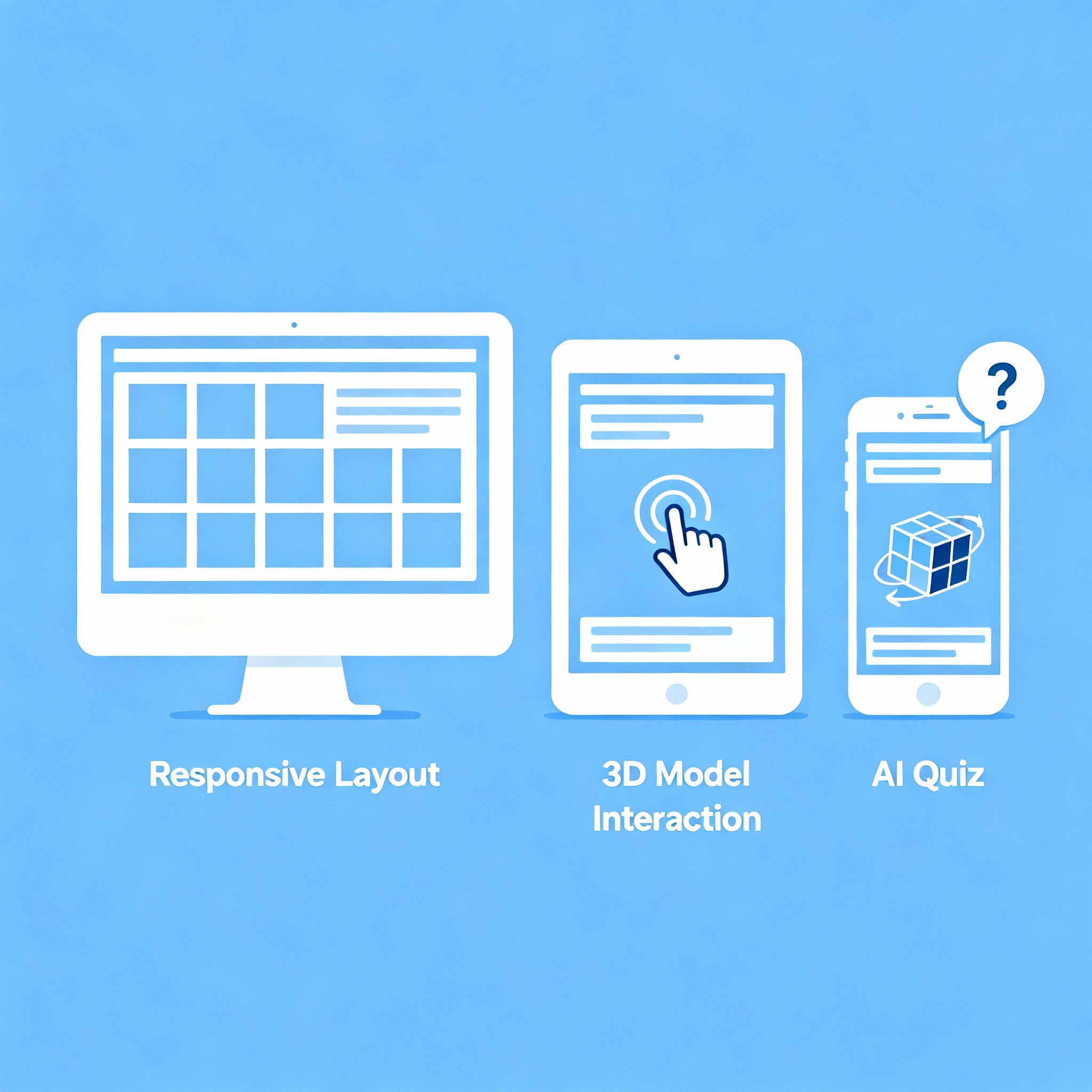 Responsive layout, 3D model interaction, and AI quiz displayed across desktop, tablet, and mobile devices.