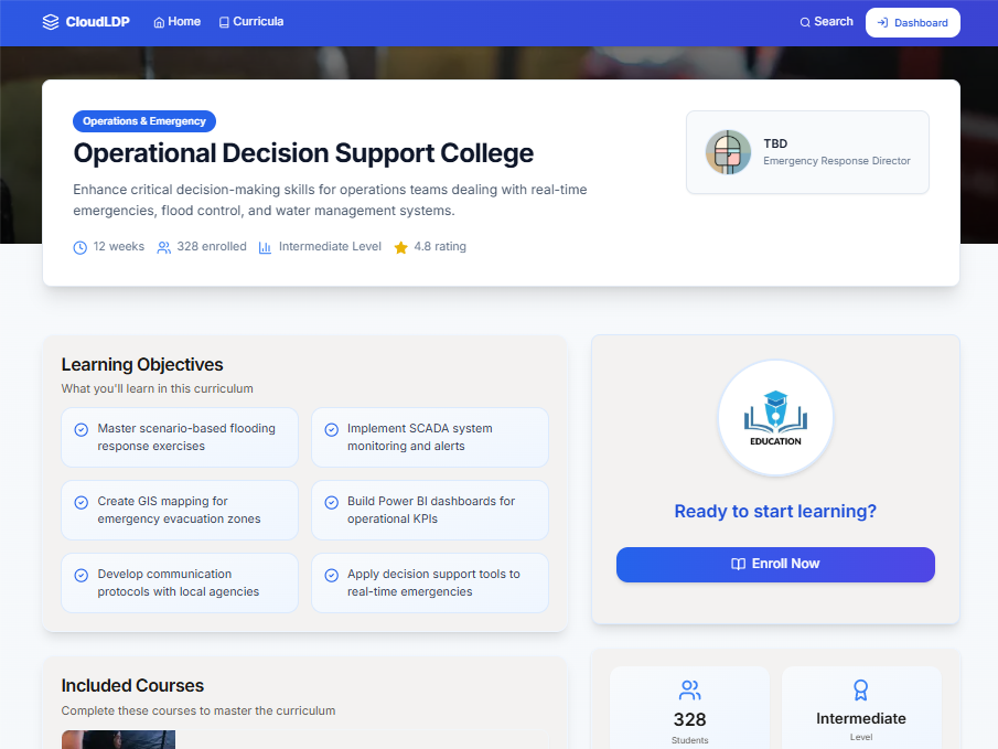 Operational Decision Support College course page on CloudLDP showing learning objectives, enrollment details, and an enroll button.