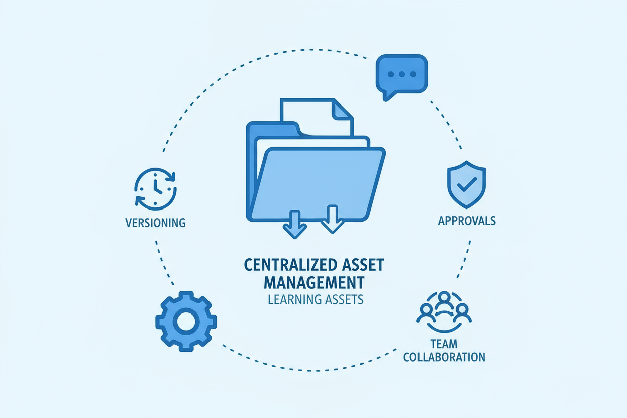 Diagram of centralized asset management with versioning, approvals, and team collaboration.