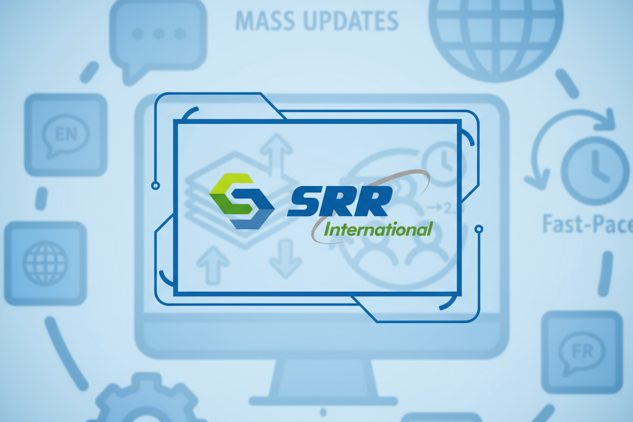 SRR International logo centered on a digital background illustrating technology, global connectivity, and automation