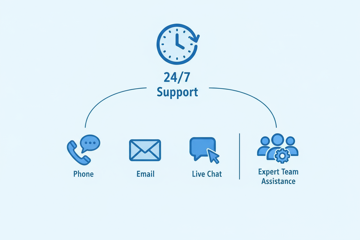 24/7 Support options shown with icons for phone, email, live chat, and expert team assistance.